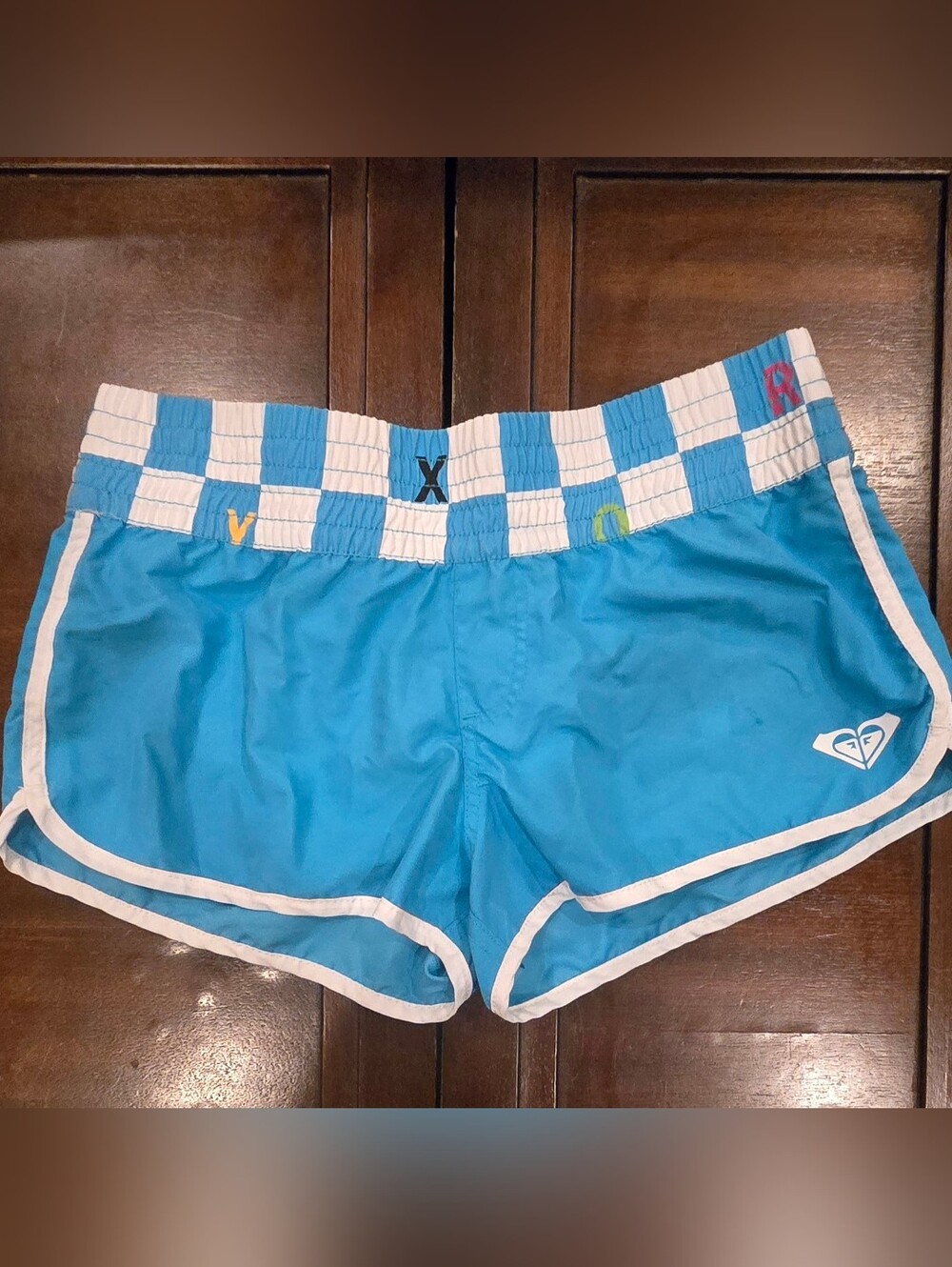 Women's Roxy Light Blue Swim Shorts with Checkered Waistband